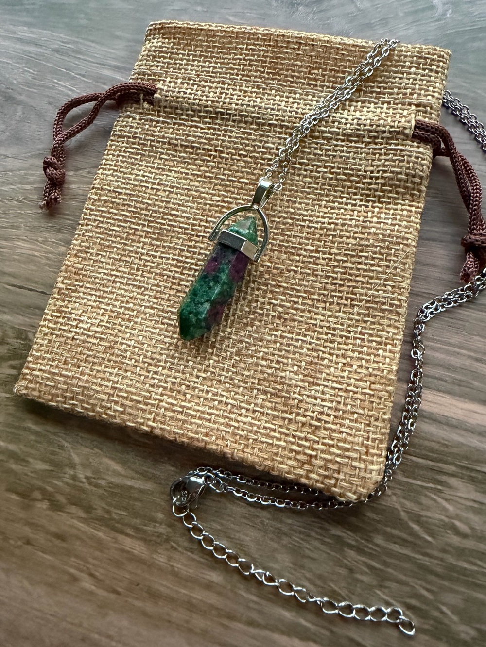 Ruby Zoisite Crystal Point with plated Stainless Steel Chain